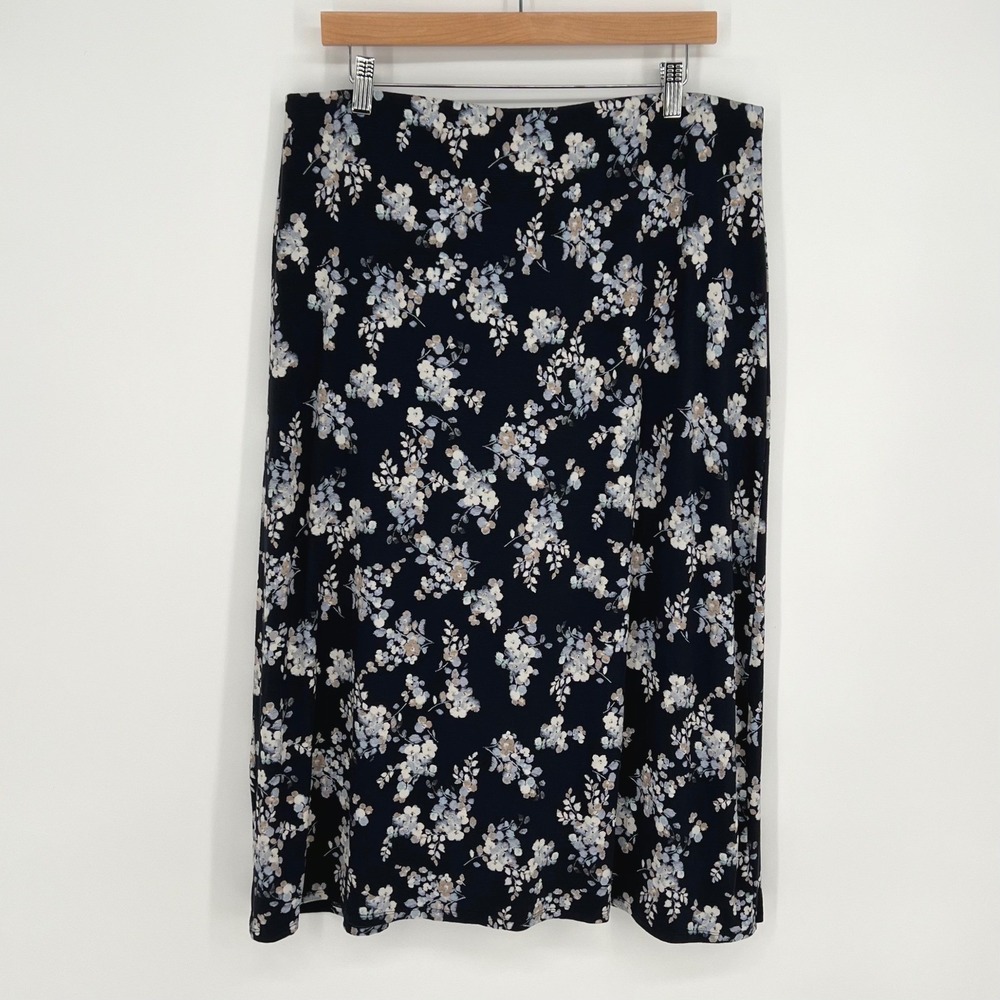 J.Jill Women Dark Floral Cottagecore Midi Skirt Size L Petite Navy Blue Pull On